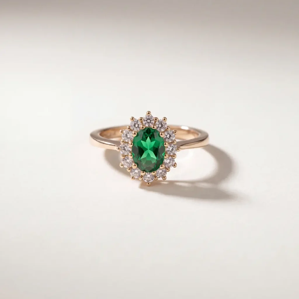 Bague style marguerite avec pierre centrale verte entourée d'un pavage blanc