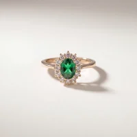 Bague style marguerite avec pierre centrale verte entourée d'un pavage blanc