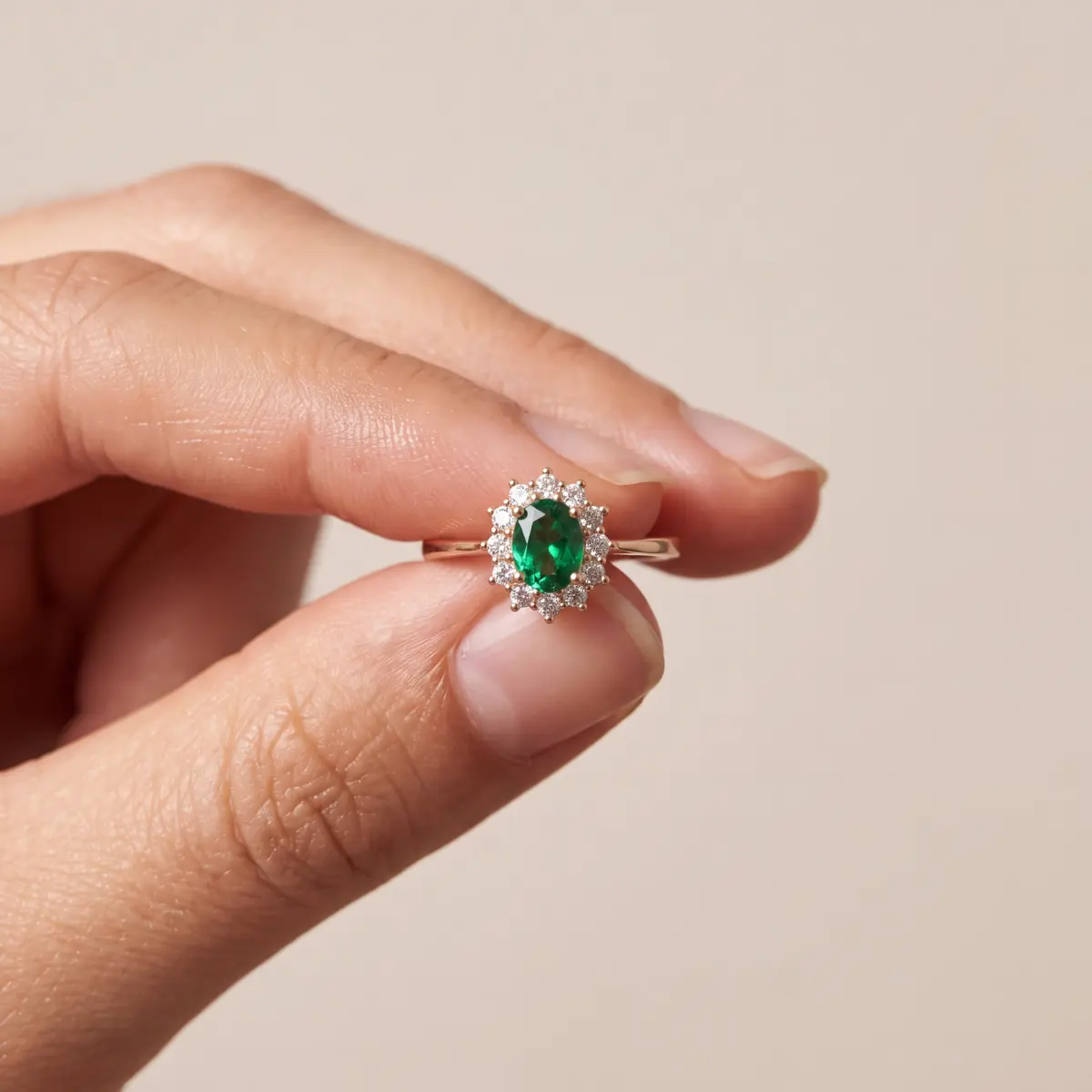 Bague marguerite en oxyde de zirconium vert tenue entre deux doigts