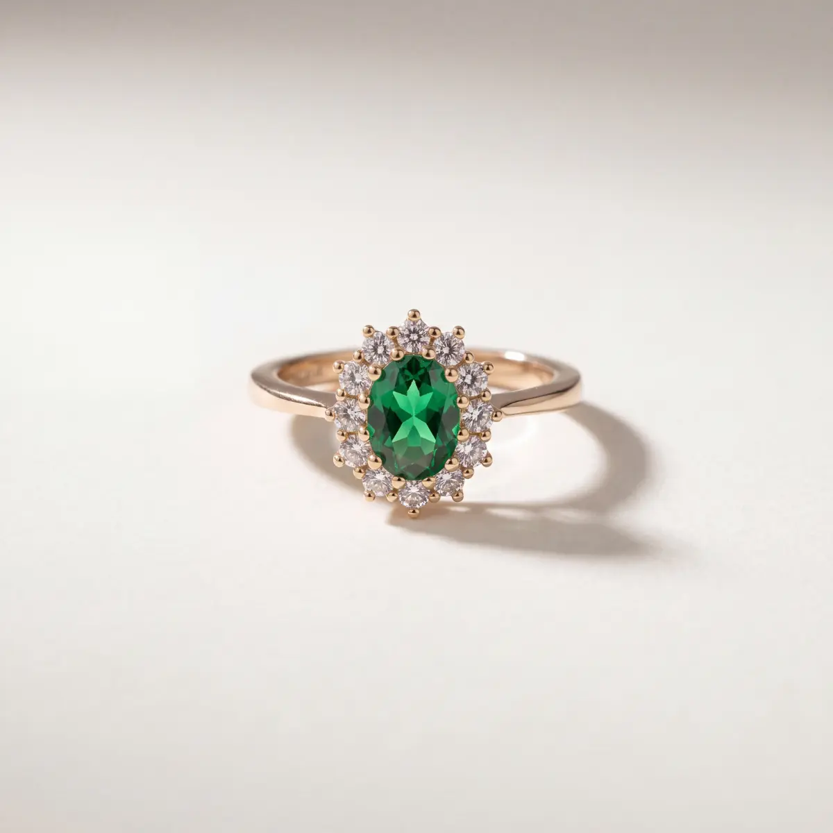 Bague style marguerite avec pierre centrale verte entourée d'un pavage blanc